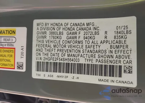 2025 Honda Civic Sport z USA, uszkodzony, nr VIN 2HGFE2F54SH564003